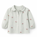 Light green gingham blouse with round collar, button front, long sleeves, cherry print