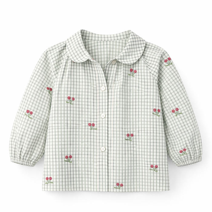 Light green gingham blouse with round collar, button front, long sleeves, cherry print