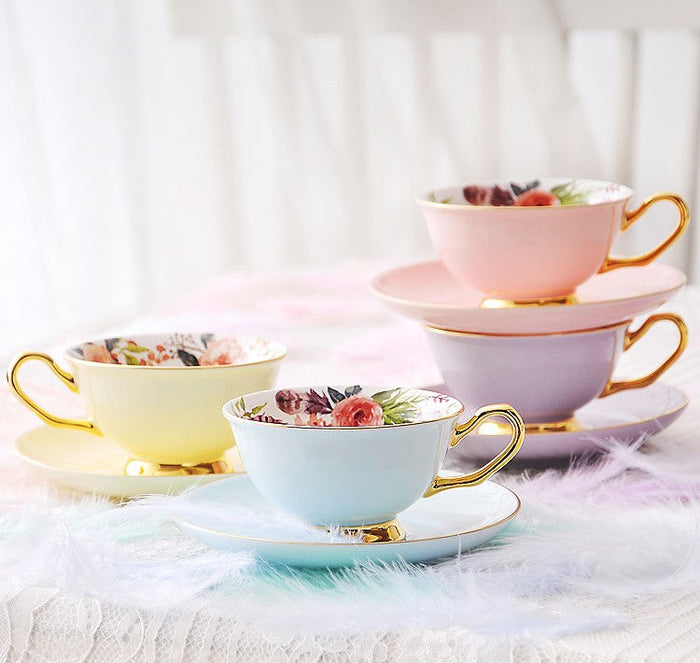 Royal Porcelain Tea Cup Saucer Set, Elegant Flower Pattern Ceramic Coffee Cups, Beautiful British Tea Cups, Unique Traditional Afternoon Tea Cup and Saucer in Gift Box-Paintingforhome