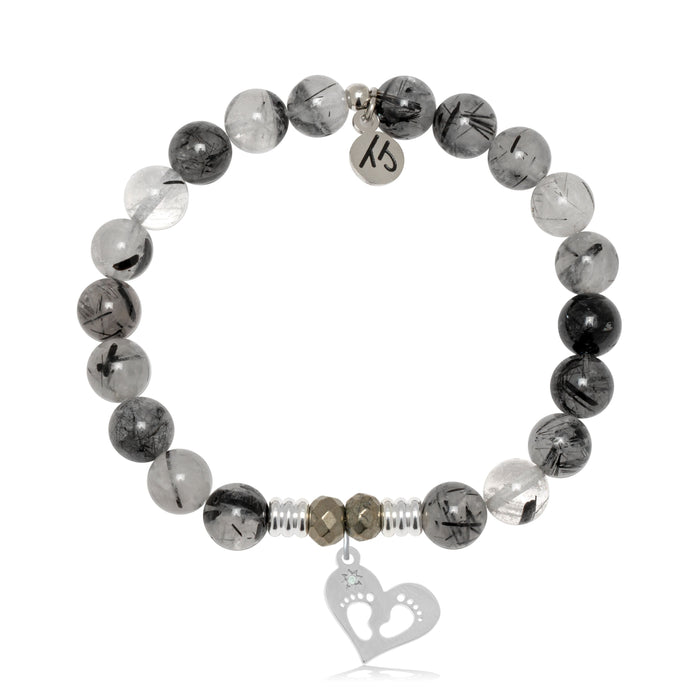 Rutilated Quartz Gemstone Bracelet with Baby Feet Sterling Silver Charm