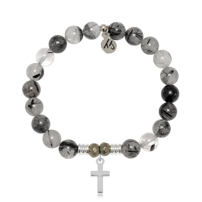 Rutilated Quartz Gemstone Bracelet with Cross Sterling Silver Charm