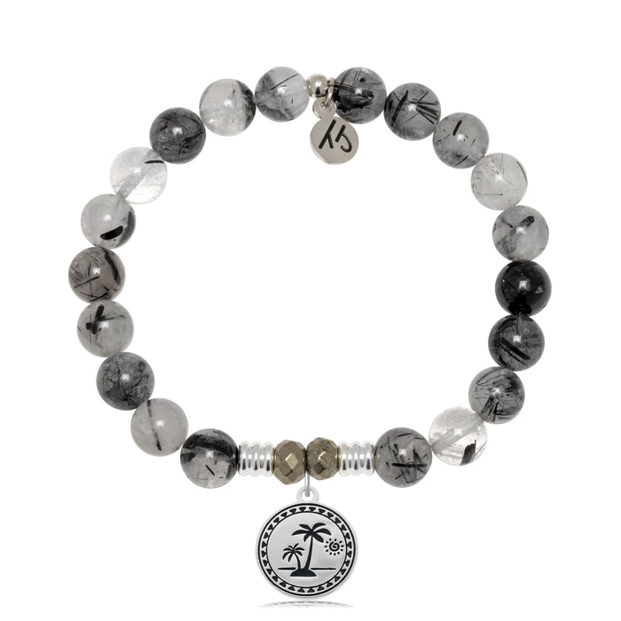 Rutilated Quartz Gemstone Bracelet with Palm Tree Sterling Silver Charm