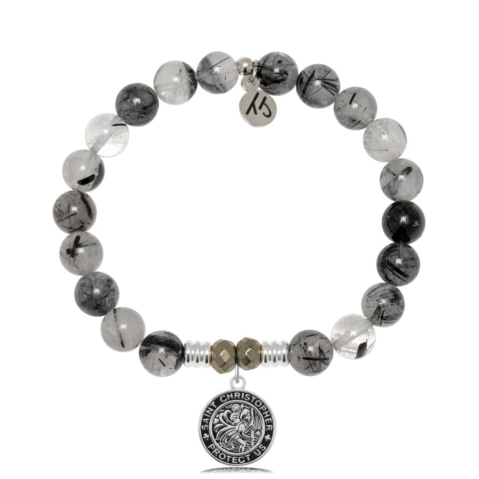 Rutilated Quartz Gemstone Bracelet with Saint Christopher Sterling Silver Charm