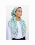 Sage-green pre-tied headscarf with delicate vine pattern and velvet grip