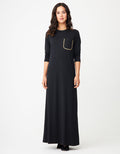 Black nursing nightgown with satin gold-trim pocket and long sleeves, full-length hem