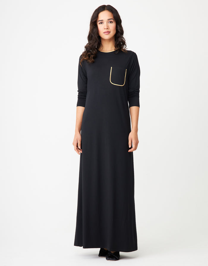 Black nursing nightgown with satin gold-trim pocket and long sleeves, full-length hem