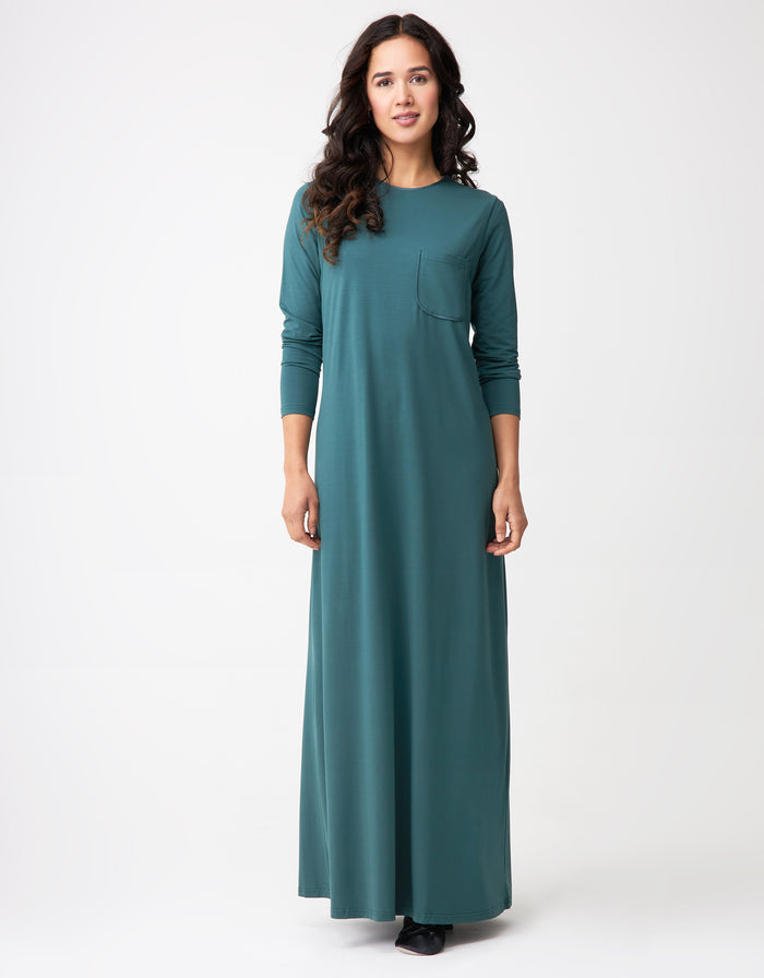 Teal green nursing nightgown with satin-trim neckline, long sleeves, and maxi length