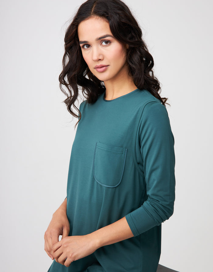 Teal green nursing nightgown with long sleeves, front pocket, and satin-trim neckline