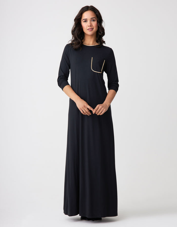 Black satin-trim nightgown with long sleeves and gold pocket