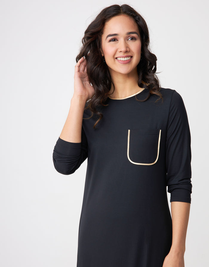 Black nightgown with gold satin-trimmed pocket and crew neckline