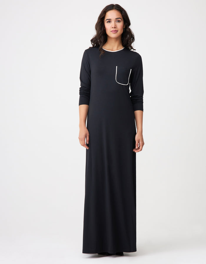 Black nightgown with satin trim, long sleeves and ivory pocket detail