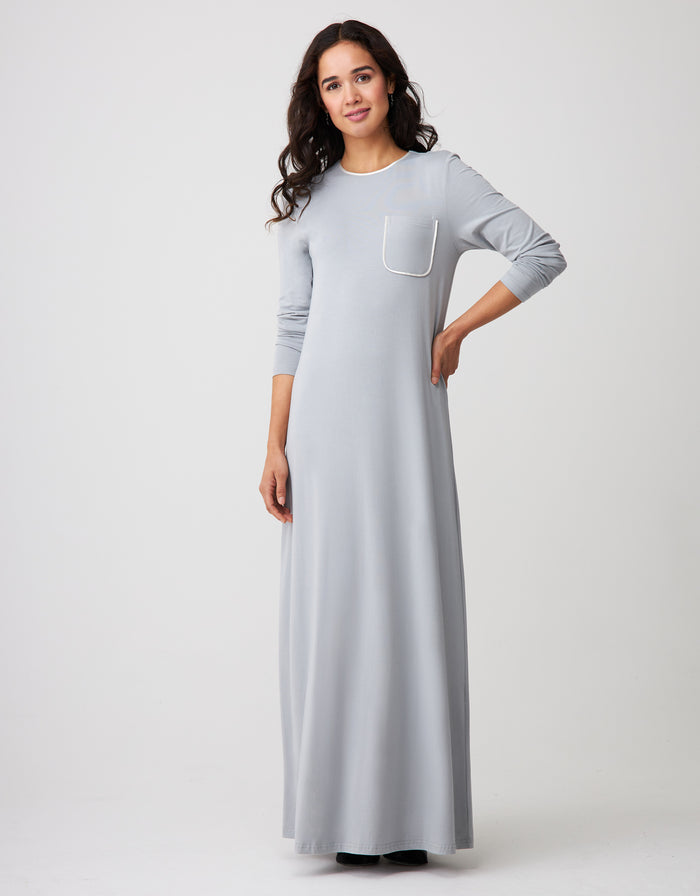 Gray satin-trimmed nightgown with front pocket, long sleeves, maxi length