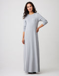 Gray satin-trimmed nightgown with front pocket, long sleeves, maxi length