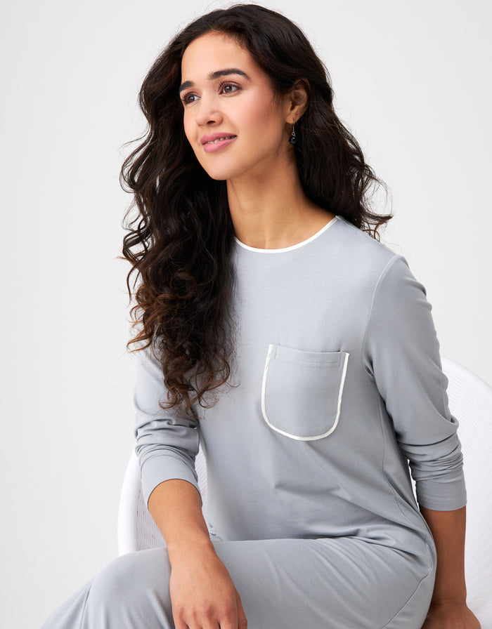 Gray satin-trimmed nightgown with contrast pocket trim, long sleeves, scoop neck