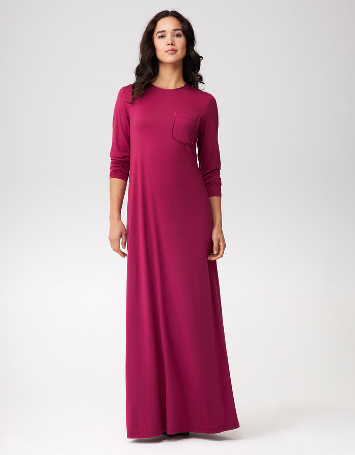 Women's wine long-sleeve nightgown with front pocket