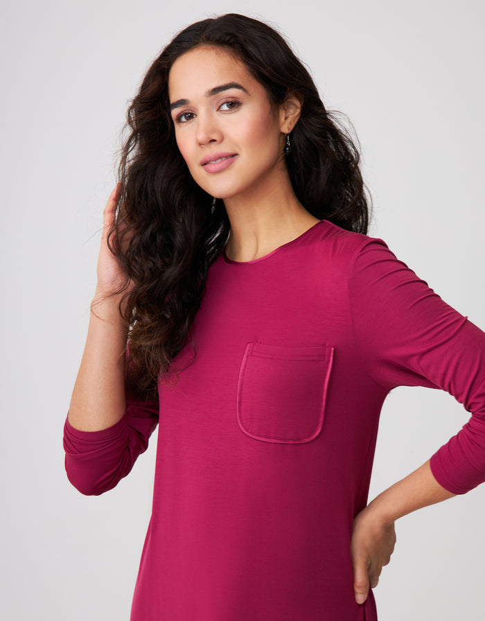 Women's wine long-sleeve nightgown with front pocket and scoop neckline