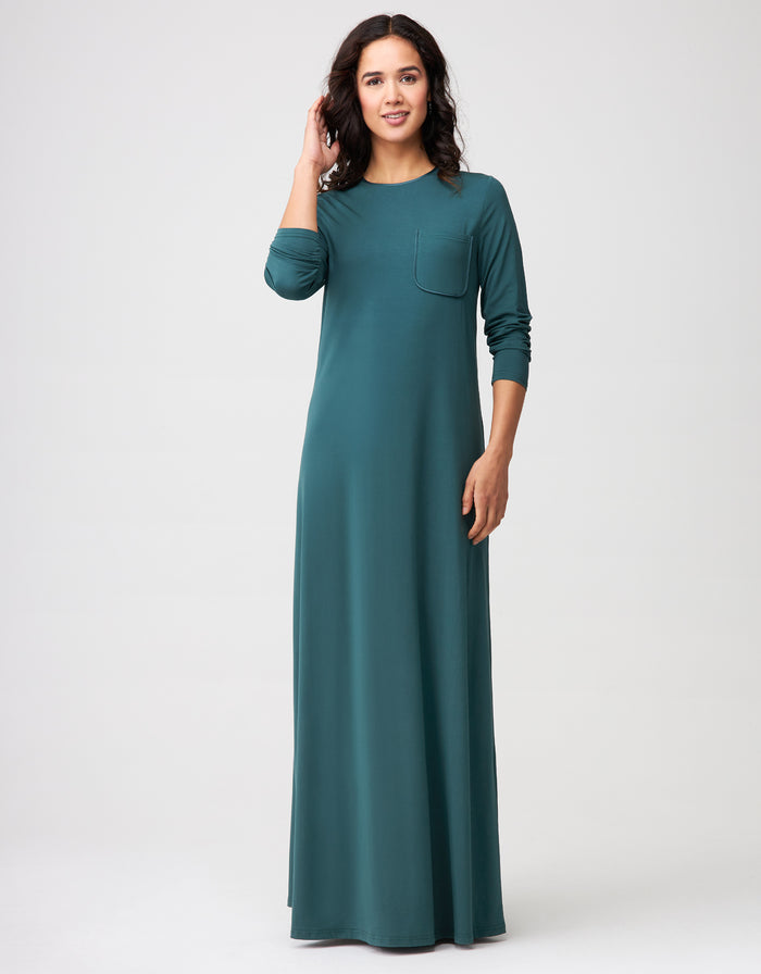 Teal long-sleeve nightgown with front pocket