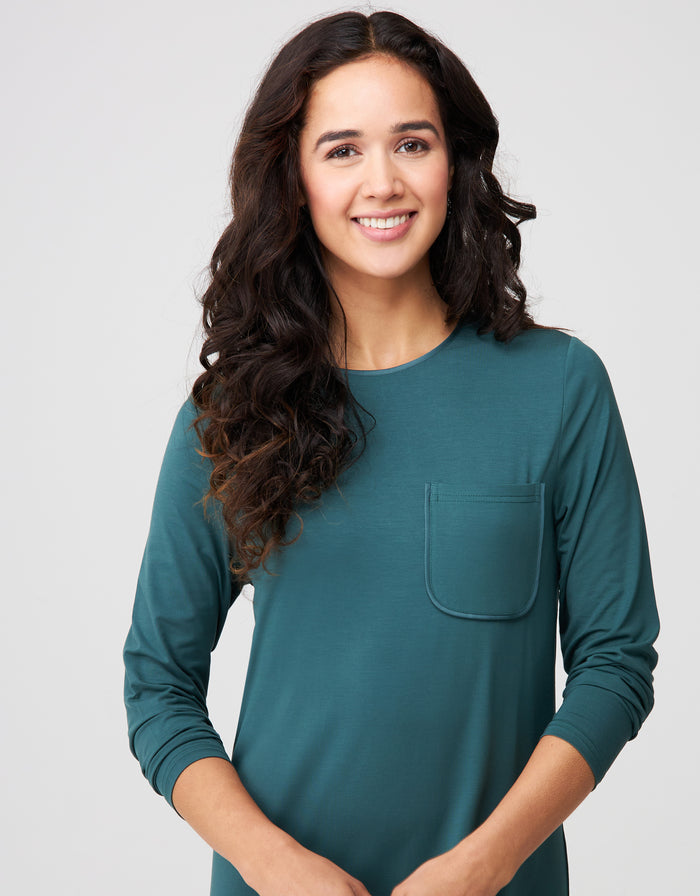 Teal long-sleeve nightgown with chest pocket and crew neckline