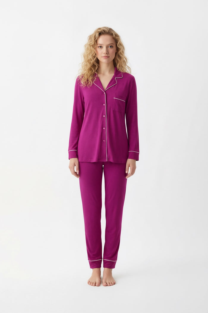 Satin-Trimmed, Soft Fuschia Button-Front Pajama Set With Pocket