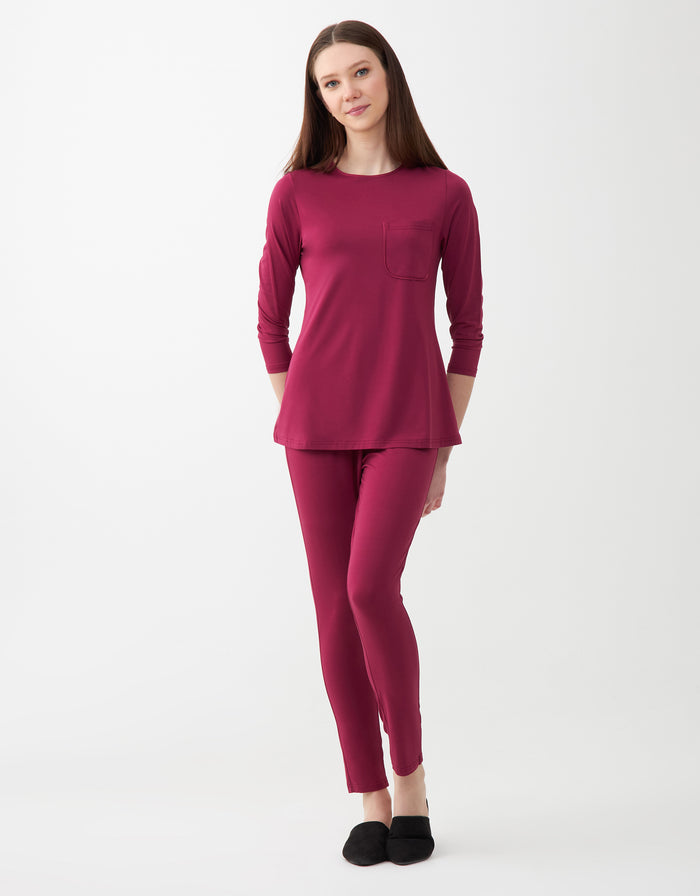 Satin Trimmed Soft Pajama Legging Set with Pocket Berry