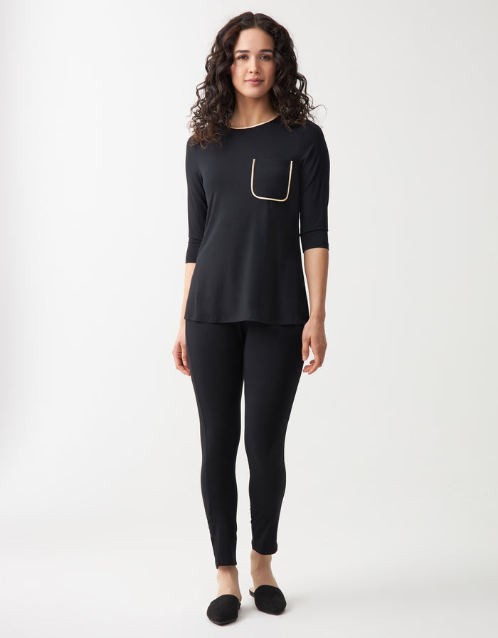 Satin Trimmed Soft Pajama Legging Set with Pocket Black