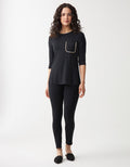 Satin Trimmed Soft Pajama Legging Set with Pocket Black