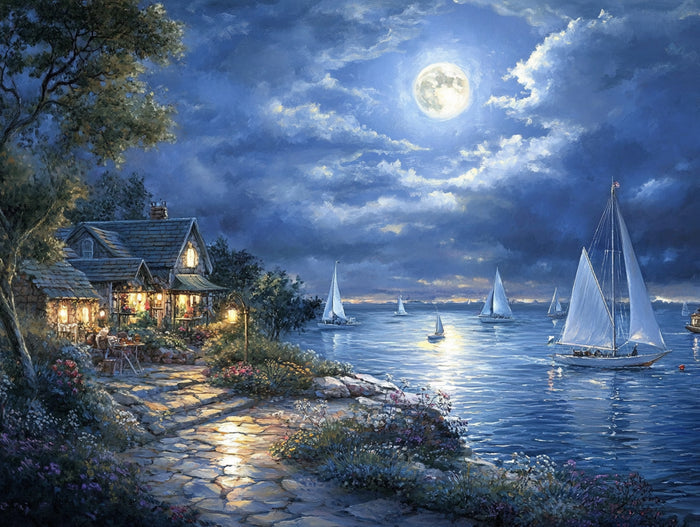 Serene Harbor Scene Under A Full Moon