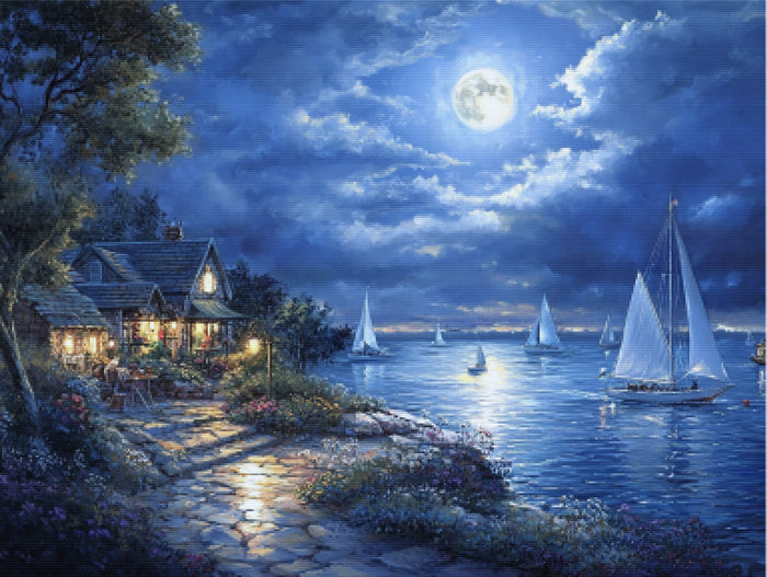 Serene Harbor Scene Under A Full Moon