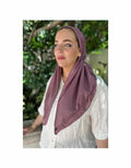 Shimmer plum pre-tied headscarf with velvet grip, draped over shoulders