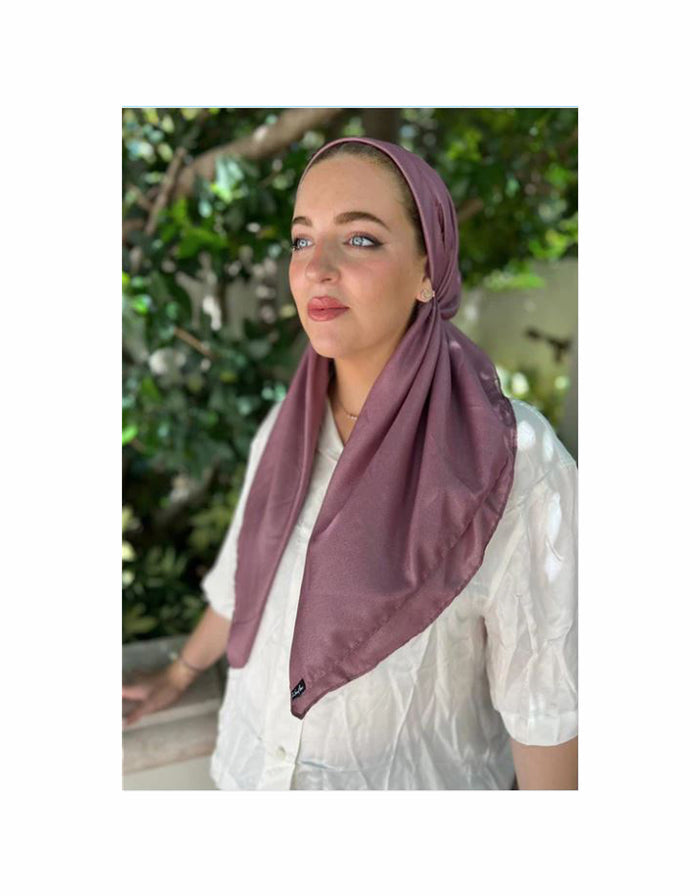 Shimmer plum pre-tied headscarf with velvet grip, draped over shoulders