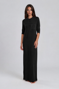 Half button front black long sleeve nightgown with front pocket.