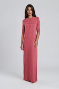 Half button front coral long sleeve nightgown with front pocket.