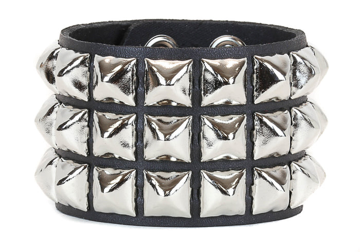Silver Pyramid Studded Leather Punk Bracelet
