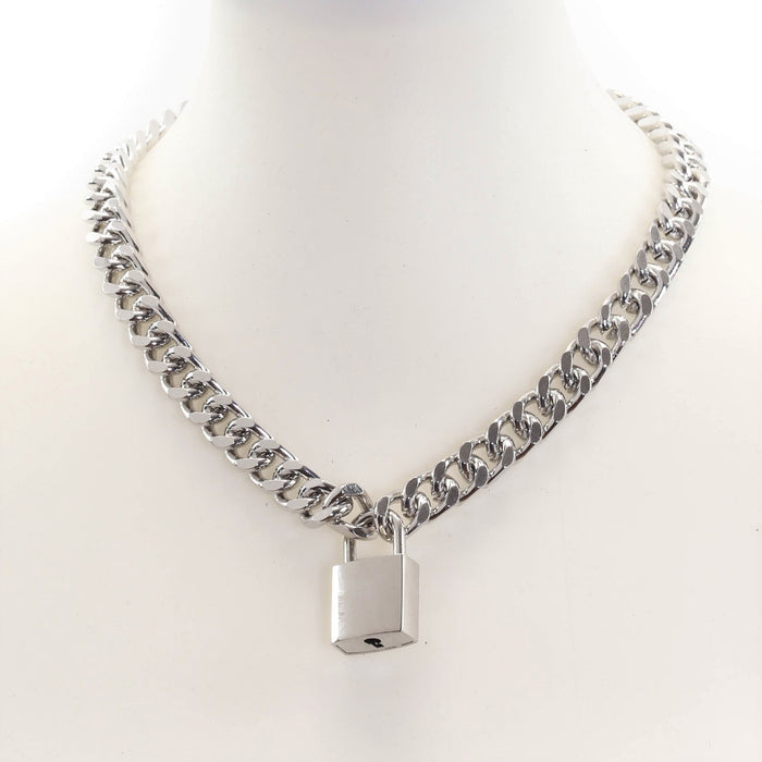 Silver Square Padlock Necklace Pendant Diamond Cut Cuban Chain