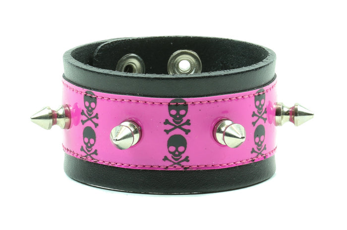 SKULL PRINTED BRACELET WITH SPIKES, 1 1/2" WIDE
