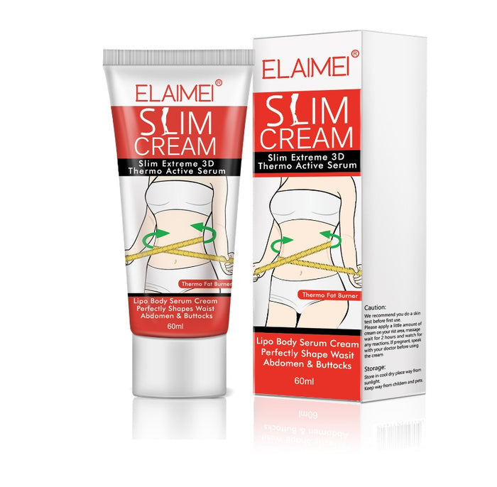 Crème corporelle amincissante pour le corps, texture légère, application facile, flacon blanc avec étiquette.
