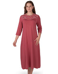 Coral long nightshirt with embroidered yoke, 3/4 sleeves, round neckline