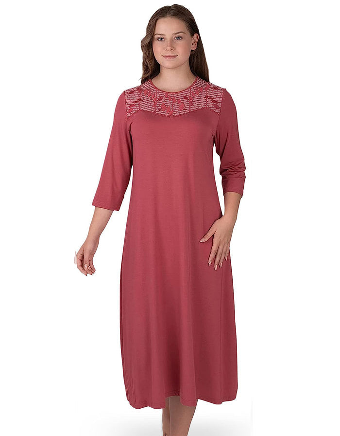 Coral long nightshirt with embroidered yoke, 3/4 sleeves, round neckline