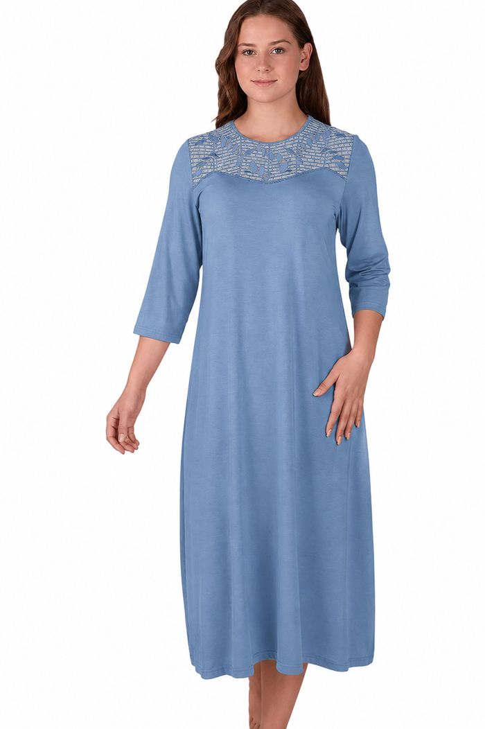 Short sky blue pull on sleep shirt with three quarter sleeves and lace panel.