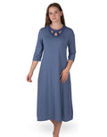 Blue long-sleeve nightshirt with lace keyhole trim at the round neckline