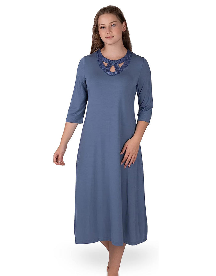 Blue long-sleeve nightshirt with lace keyhole trim at the round neckline