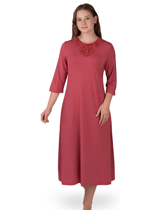 Coral nightshirt with lace yoke and 3/4 sleeves