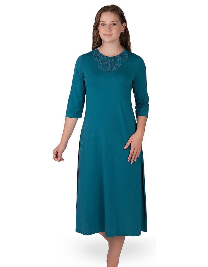 Teal lace-yoke nightshirt with 3/4 sleeves