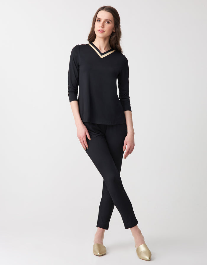 Soft Pajama Legging Set with Satin Trimmed Vneck Black