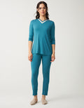 Soft Pajama Legging Set with Satin Vneck Aqua Green