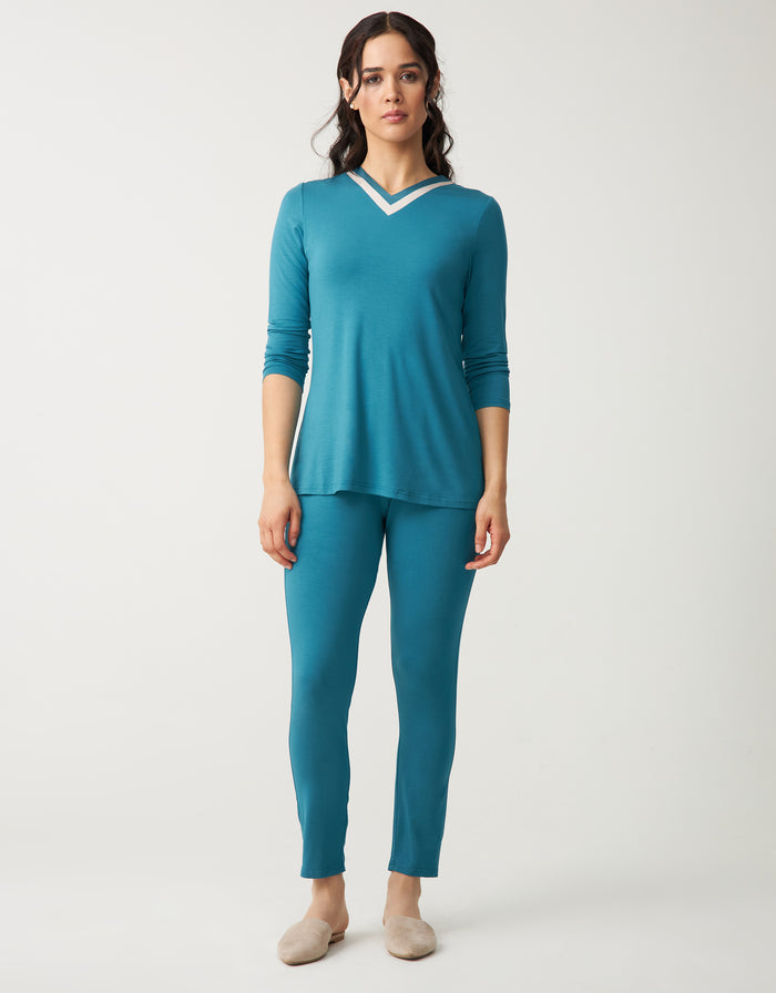 Soft Pajama Legging Set with Satin Vneck Aqua Green