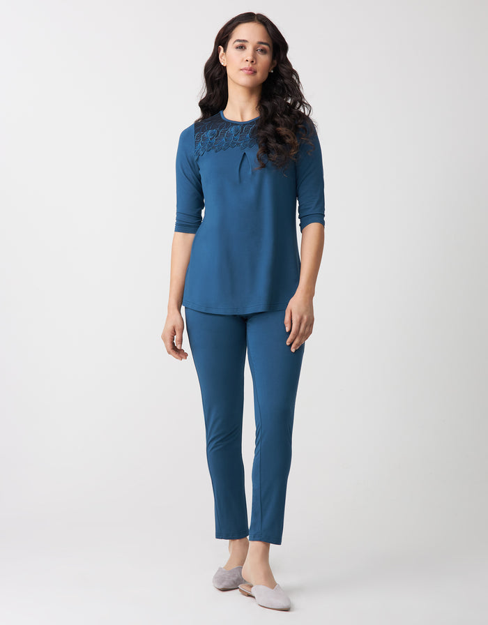 Soft Pajama Legging Set with Sparkly Lace Teal Blue