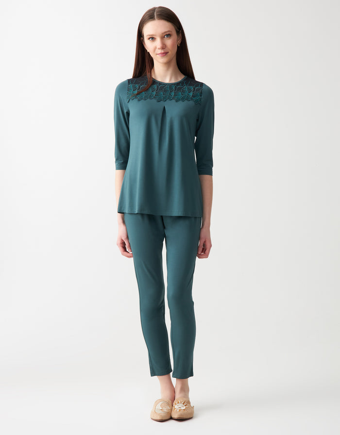 Soft Pajama Legging Set with Sparkly Lace Teal Green
