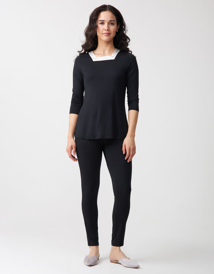 Soft Pajama Legging Set with Square Cut Satin Neckline Black
