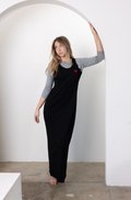 Floor-length teen nightgown, black front with gray raglan sleeves and red chest logo